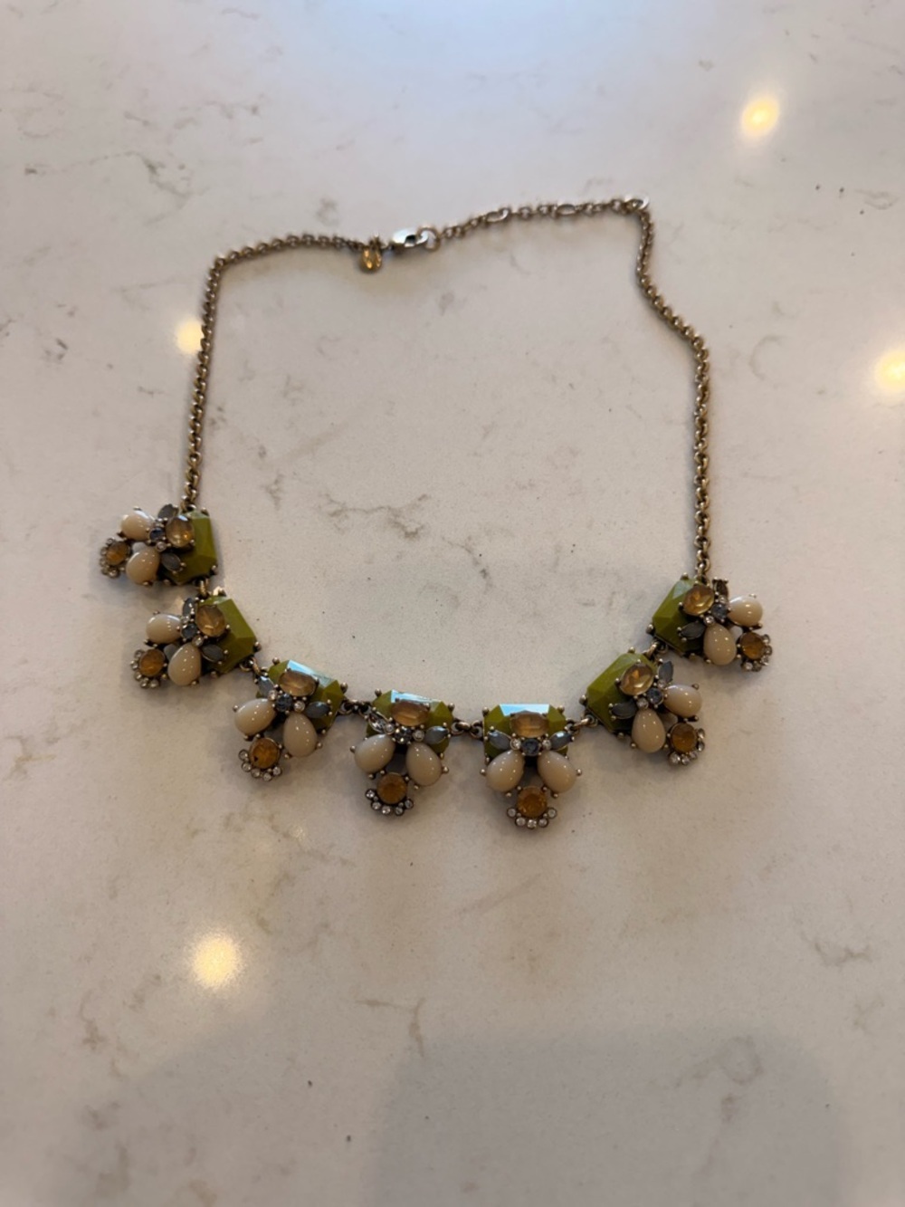 J. Crew Olive Green and Cream Cluster Bib Statement Necklace